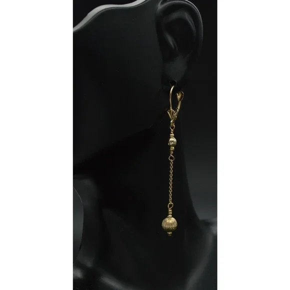 14K Solid Yellow Gold Round Bead Corrugated Dangle Leverback Earrings